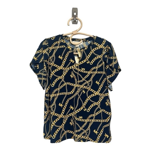 Michael Kors Split Neck Navy Gold Chain Top with Tulip Sleeve Size SP Casual - Picture 3 of 15